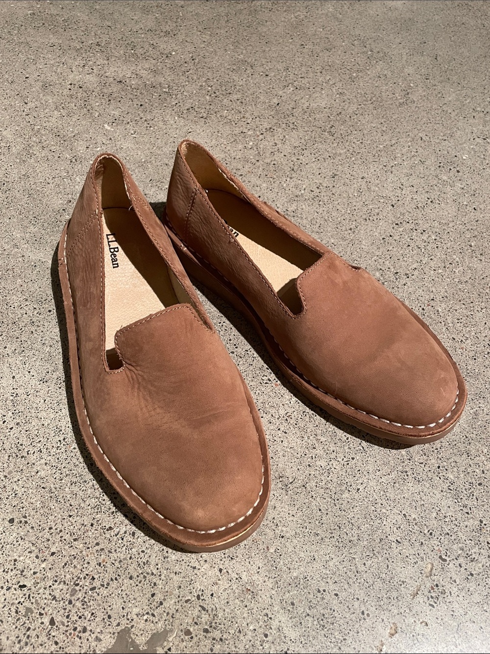 LL Bean suede loafers with a thick gum sole.